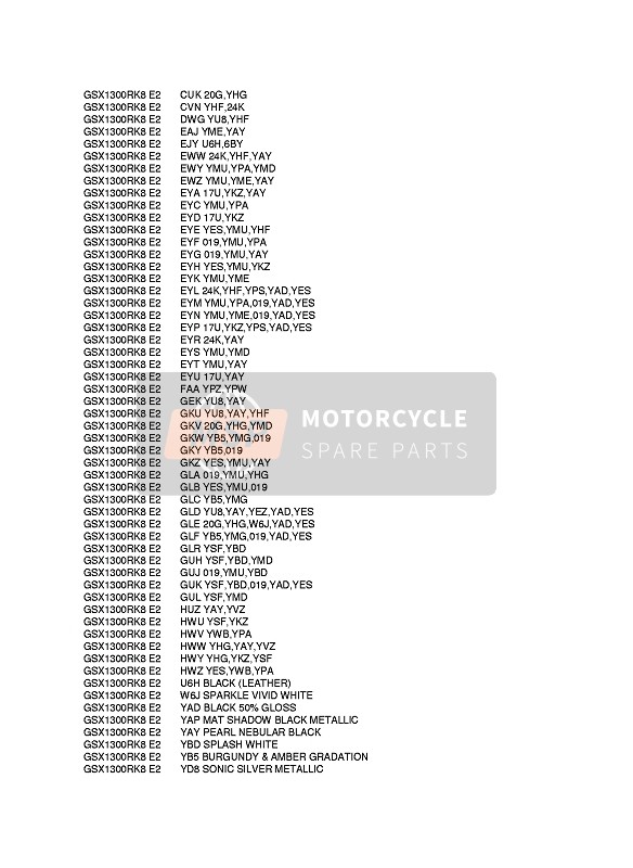 Suzuki GSX1300R HAYABUSA 2010 Colour Chart 2 for a 2010 Suzuki GSX1300R HAYABUSA