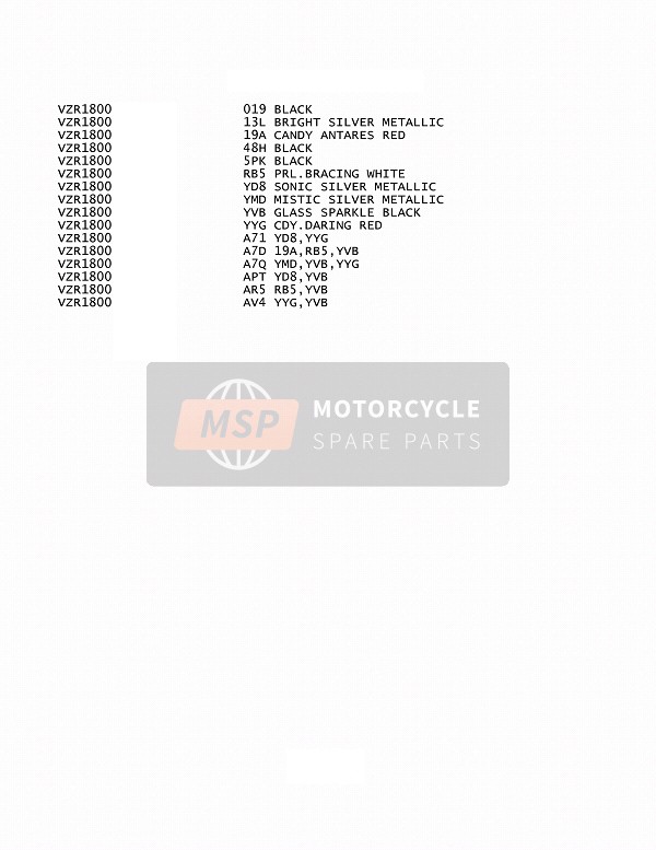 Suzuki VZR1800(BZ) (M1800) INTRUDER 2015 Colour Chart for a 2015 Suzuki VZR1800(BZ) (M1800) INTRUDER