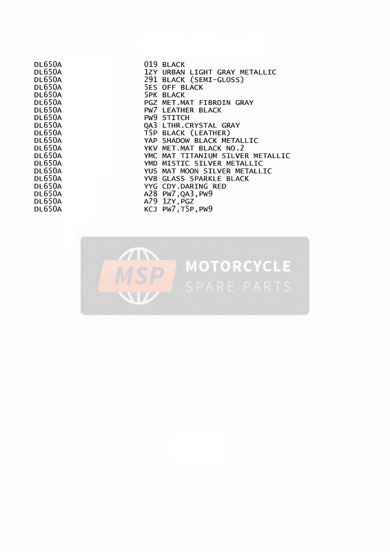 Suzuki DL650A(XT) V-STROM 2016 Colour Chart for a 2016 Suzuki DL650A(XT) V-STROM