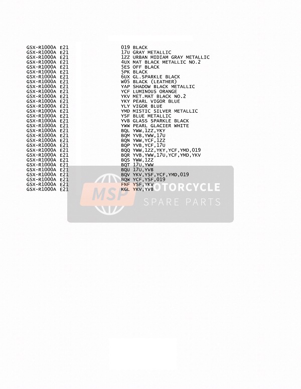 Suzuki GSX-R1000(A)(RZ) 2018 Carta de colores para un 2018 Suzuki GSX-R1000(A)(RZ)