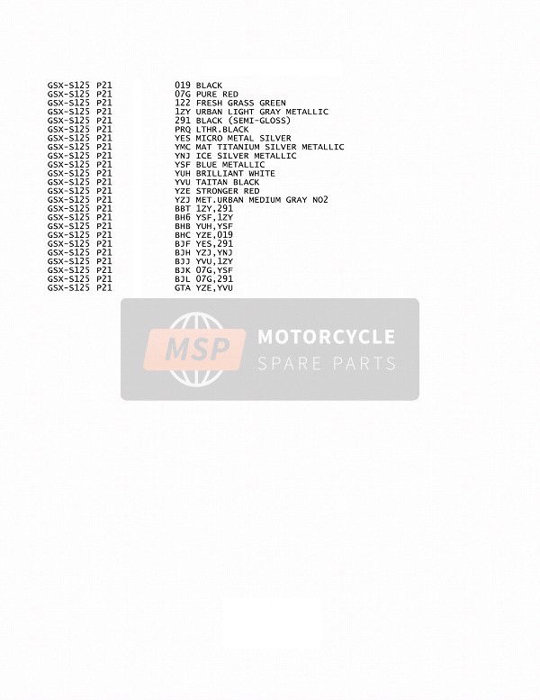 Suzuki GSX-S125M(L)(LX) 2018 Kleurenkaart voor een 2018 Suzuki GSX-S125M(L)(LX)