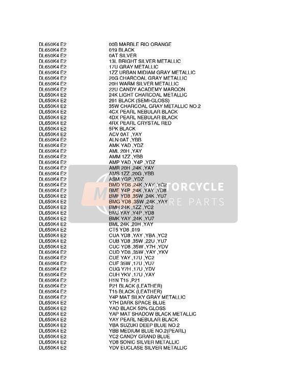 Suzuki DL650 V-STROM 2004 Colour Chart 2 for a 2004 Suzuki DL650 V-STROM