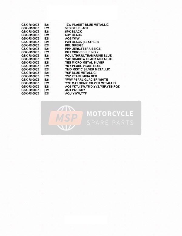 Suzuki GSX-R1000Z 2014 Colour Chart for a 2014 Suzuki GSX-R1000Z