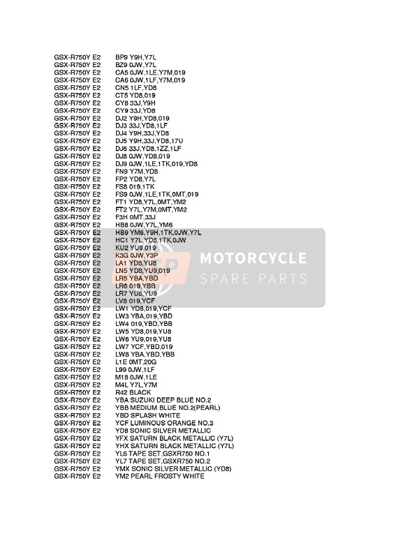 Suzuki GSX-R750 2000 Colour Chart 1 for a 2000 Suzuki GSX-R750