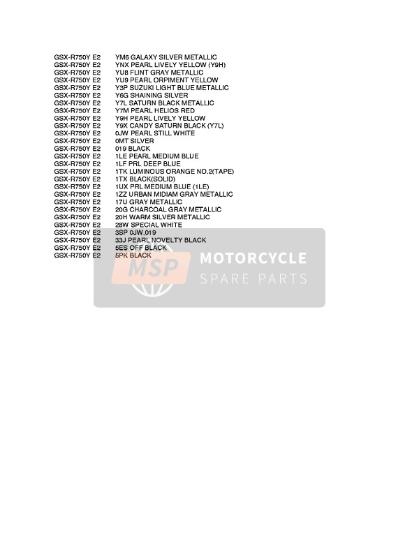 Suzuki GSX-R750 2000 Colour Chart 2 for a 2000 Suzuki GSX-R750