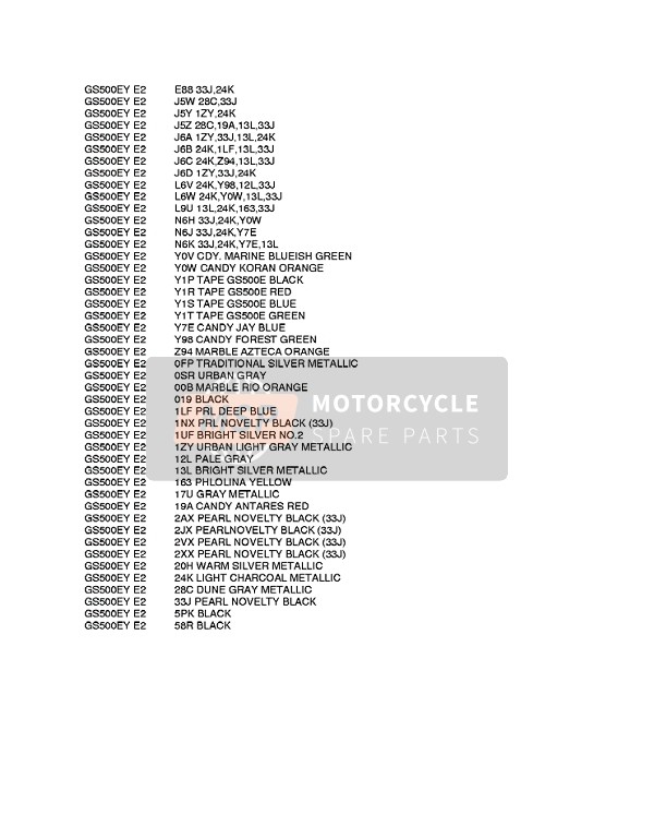 Suzuki GS500E 1998 Colour Chart for a 1998 Suzuki GS500E