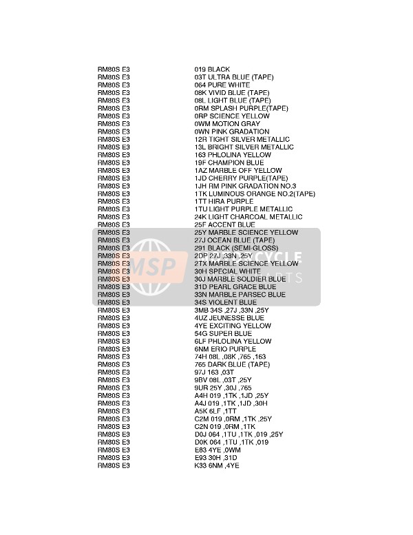 Suzuki RM80 1988 Colour Chart for a 1988 Suzuki RM80