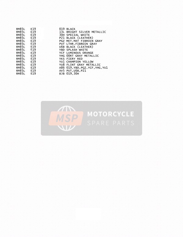 Suzuki RM85 2016 Colour Chart for a 2016 Suzuki RM85