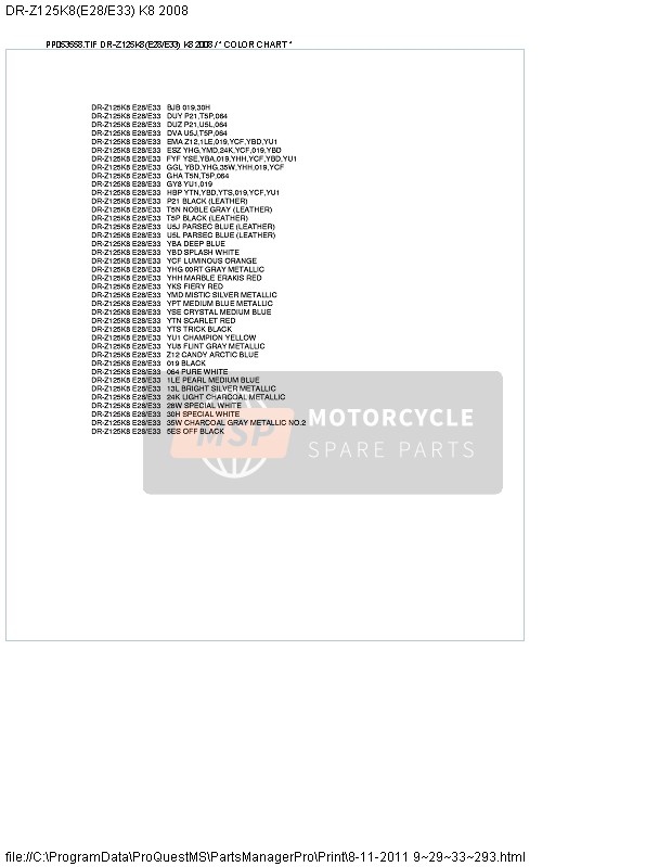 Suzuki DR-Z125 (SW & LW) 2008 FARBTABELLE für ein 2008 Suzuki DR-Z125 (SW & LW)