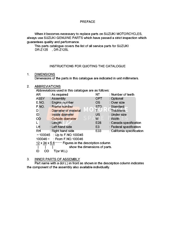 Suzuki DR-Z125 (SW & LW) 2004 Preface 2 for a 2004 Suzuki DR-Z125 (SW & LW)