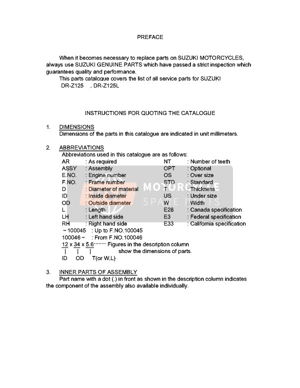 Suzuki DR-Z125 (SW & LW) 2005 Preface 2 for a 2005 Suzuki DR-Z125 (SW & LW)