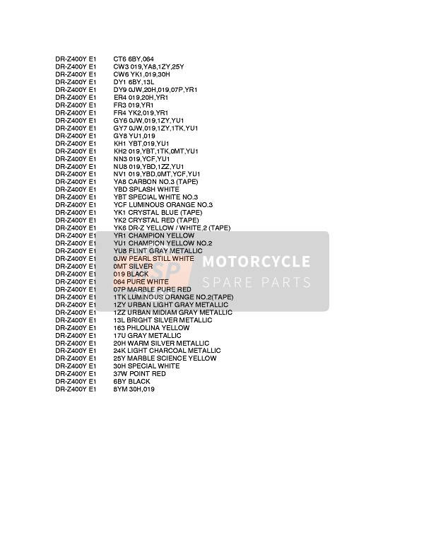 Suzuki DR-Z400E 2003 Colour Chart for a 2003 Suzuki DR-Z400E