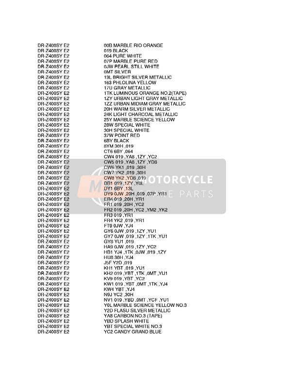 Suzuki DR-Z400S 2003 Colour Chart 1 for a 2003 Suzuki DR-Z400S