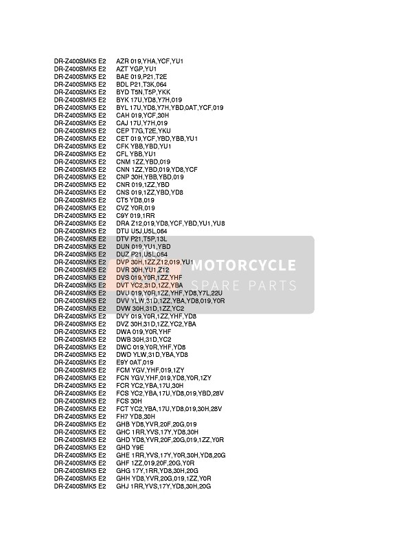 Suzuki DR-Z400SM 2008 Colour Chart 1 for a 2008 Suzuki DR-Z400SM