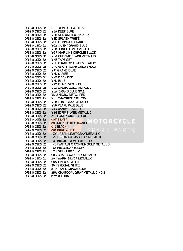 Suzuki DR-Z400S 2009 Colour Chart 2 for a 2009 Suzuki DR-Z400S