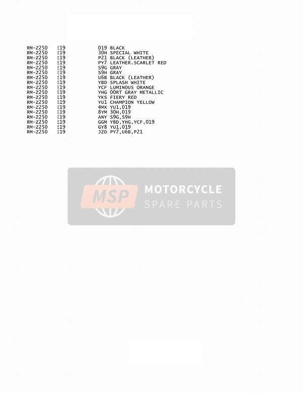 Suzuki RM-Z250 2014 Colour Chart for a 2014 Suzuki RM-Z250