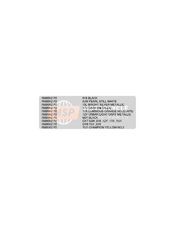 Suzuki RM85 2002 Colour Chart for a 2002 Suzuki RM85