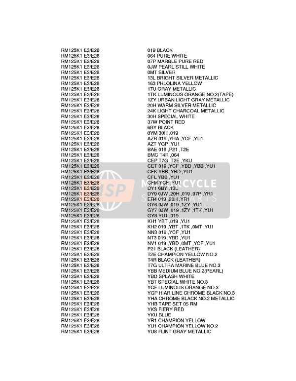 Suzuki RM125 2002 Colour Chart 2 for a 2002 Suzuki RM125