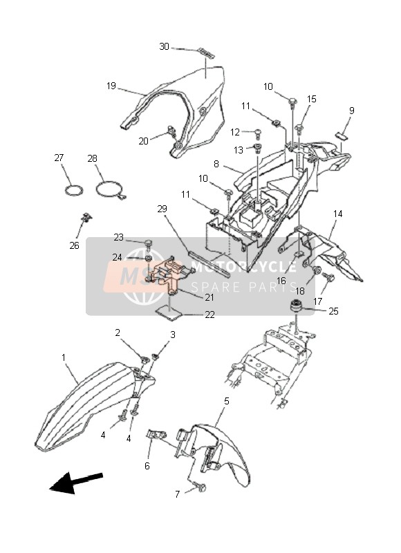 5VKF16516000, Afdekking Achterspatbord, Yamaha, 4