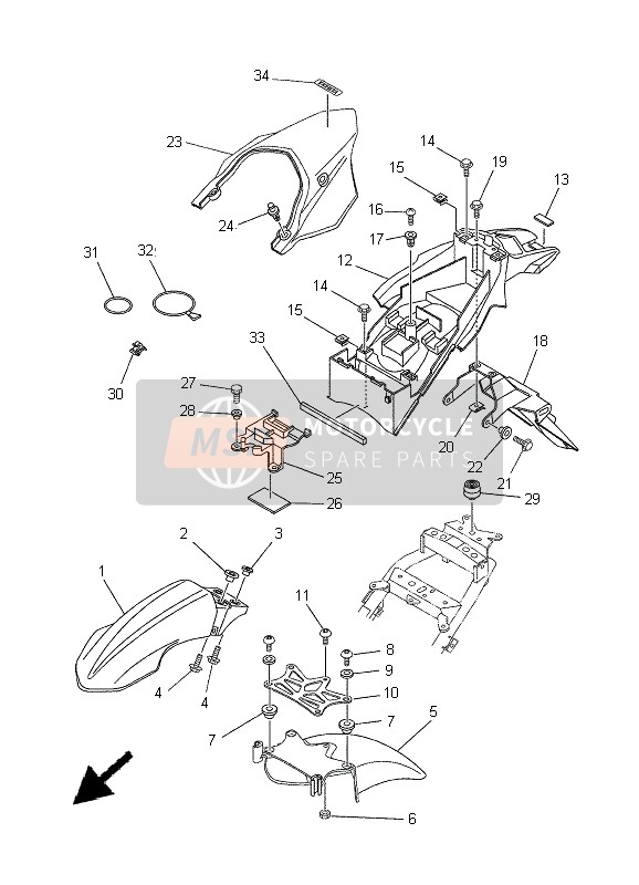 5VKF16513000, Afdekking Achterspatbord, Yamaha, 1