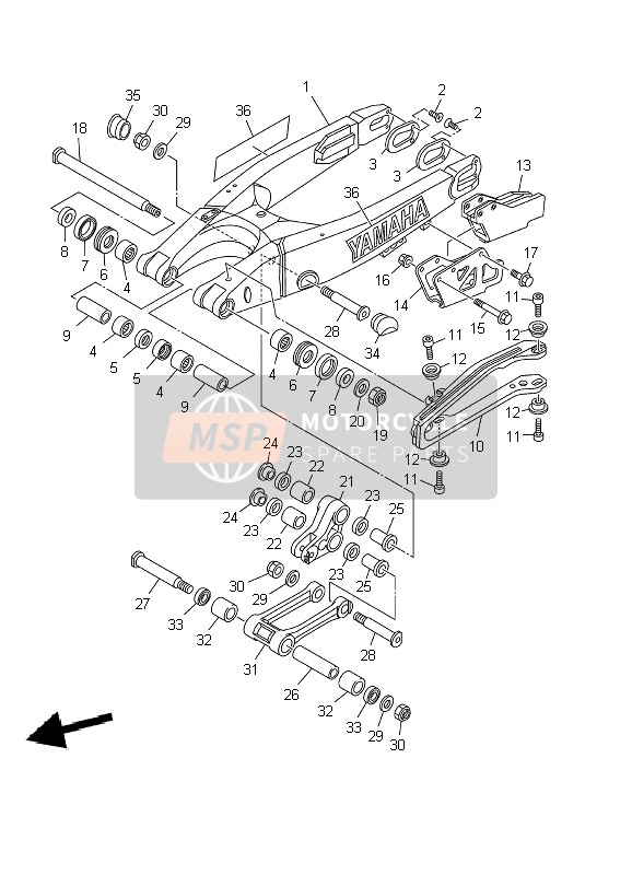 Yamaha YZ250 2002 Brazo trasero para un 2002 Yamaha YZ250